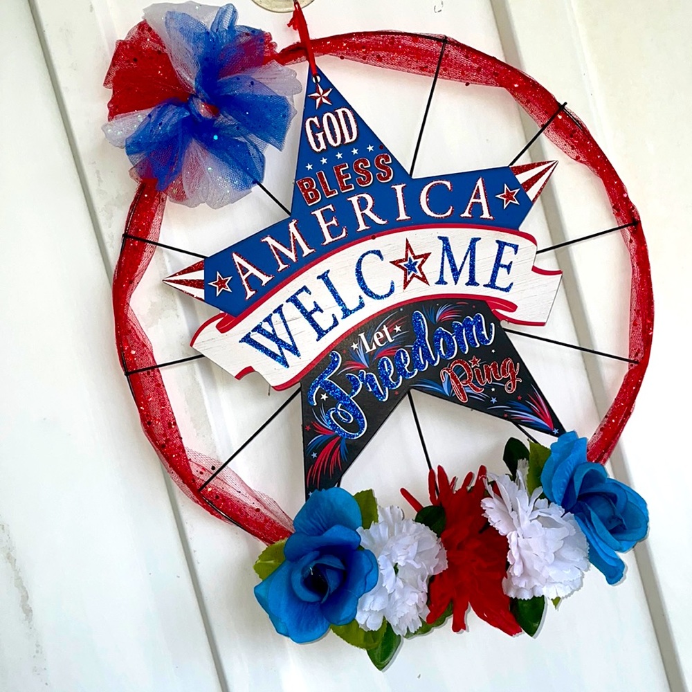 Patriotic 14” DOOR WREATH “God Bless America” Red, White & Blue.